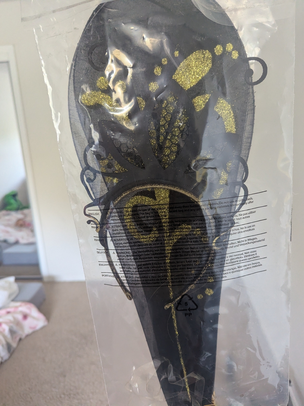 Black Gold Fairy Wings + Gold Glitter Crown Headband Costume Set